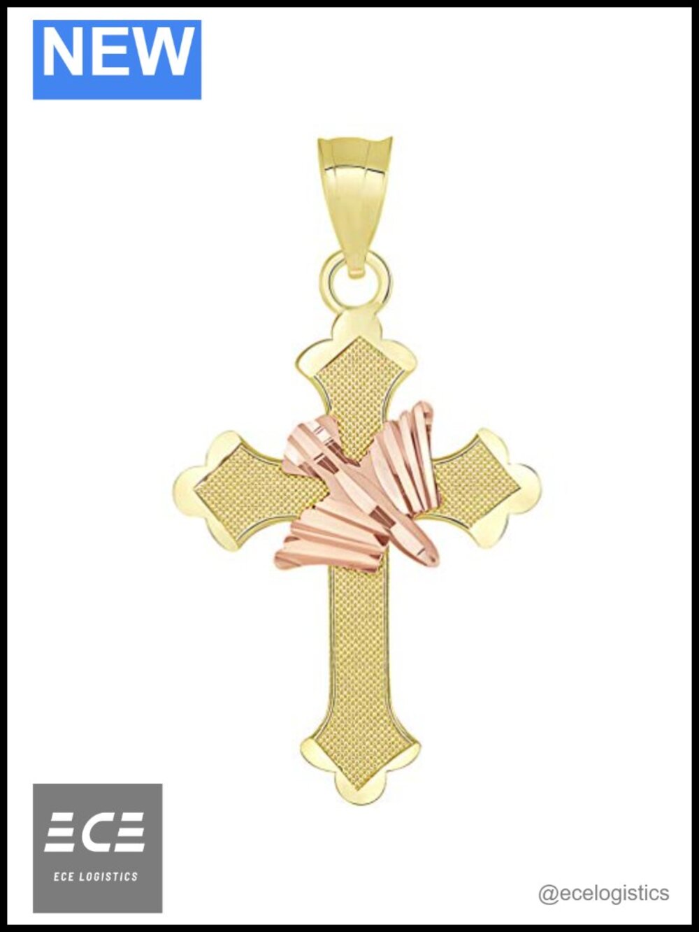 14k Yellow Gold Rose Gold Textured Holy Spirit Dove Cross Pendant